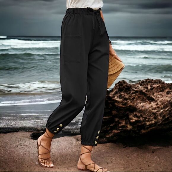 Black Pocket-Tie Waist, button accent lightweight cotton blend pants size L nwt - Picture 12 of 13